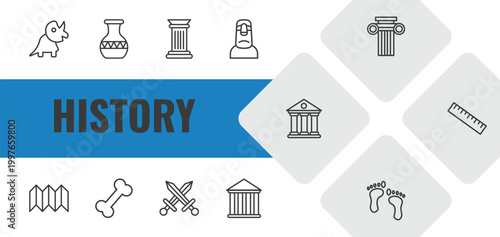 history outline icon set. linear vector for ui, web and mobile. thin line diaur, vase, columns icons.