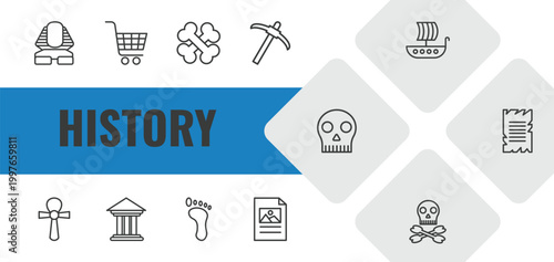 history outline icon set. linear vector for ui, web and mobile. thin line sphinx, cart, bones icons.
