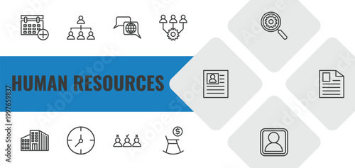 human resources outline icon set. linear vector for ui, web and mobile. thin line appointment, company structure, language icons.