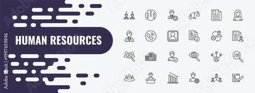 human resources outline icon set. linear vector for ui, web and mobile. thin line problems, administrator, application icons.