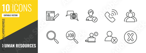 human resources outline icon set. 10 linear vector for ui, web and mobile. thin line job application, language, candidate icons.