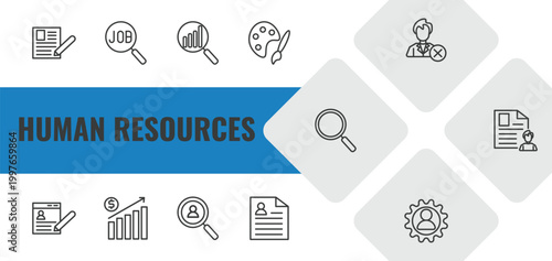 human resources outline icon set. linear vector for ui, web and mobile. thin line contract, job search, analysis icons.