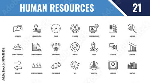 human resources outline icon set. linear vector for ui, web and mobile. thin line administrator, analysis, fired icons.
