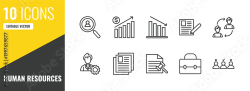human resources outline icon set. 10 linear vector for ui, web and mobile. thin line hiring, earnings, attrition icons.
