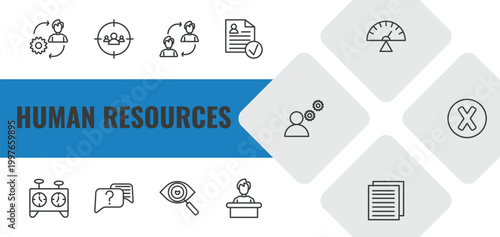 human resources outline icon set. linear vector for ui, web and mobile. thin line change management, target audience, change personal icons.