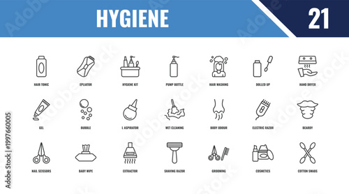hygiene outline icon set. linear vector for ui, web and mobile. thin line epliator, hand dryer, body odour icons.