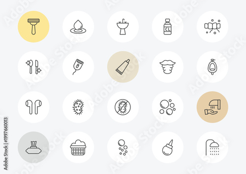 hygiene outline icon set. linear vector for ui, web and mobile. thin line shaving razor, food hygiene, ear buds icons.