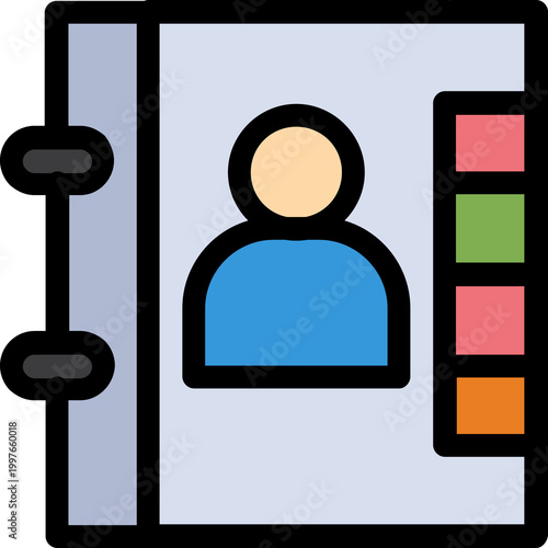 Flat colored icon of an address book with a person profile and colored tabs symbolizing contacts, directory and organizer.