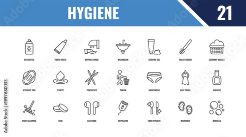 hygiene outline icon set. linear vector for ui, web and mobile. thin line tooth paste, laundry basket, underwear icons.