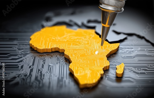 A precise soldering iron connects pathways on a golden Africa map, symbolizing technological progress and digital integration