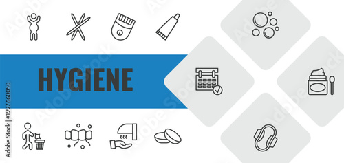 hygiene outline icon set. linear vector for ui, web and mobile. thin line body shaming, toothpick, epilator icons.