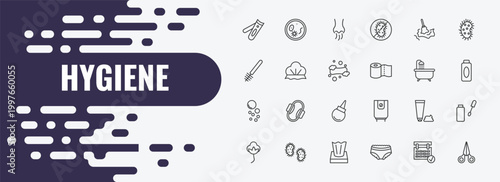hygiene outline icon set. linear vector for ui, web and mobile. thin line pathogen, body odour, wet cleaning icons.
