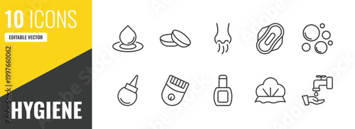 hygiene outline icon set. 10 linear vector for ui, web and mobile. thin line purity, lens, body odour icons.