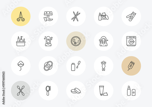 hygiene outline icon set. linear vector for ui, web and mobile. thin line nail scissors, hygiene kit, cotton icons.