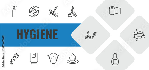 hygiene outline icon set. linear vector for ui, web and mobile. thin line pump bottle, hygienic pad, dust cleaning icons.