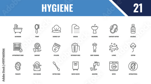 hygiene outline icon set. linear vector for ui, web and mobile. thin line primp, chlorine, body shaming icons.