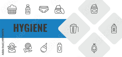 hygiene outline icon set. linear vector for ui, web and mobile. thin line laundry basket, chlorine, underwear icons.