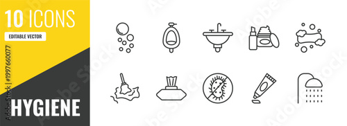 hygiene outline icon set. 10 linear vector for ui, web and mobile. thin line bubble, urinal, washbasin icons.