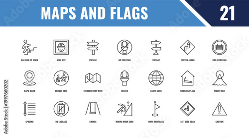 maps and flags outline icon set. linear vector for ui, web and mobile. thin line mine site, rail crossing, earth gobe icons.