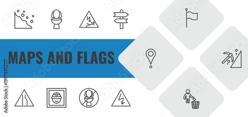 maps and flags outline icon set. linear vector for ui, web and mobile. thin line rock landslide safety, toilets, electrocution risk icons.