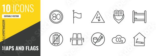 maps and flags outline icon set. 10 linear vector for ui, web and mobile. thin line 80 speed limit, plain flag, electrocutation danger icons.