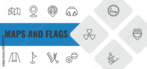 maps and flags outline icon set. linear vector for ui, web and mobile. thin line treasure map with x, locato, taxi stop icons.