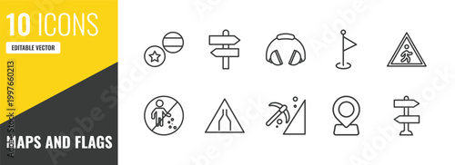 maps and flags outline icon set. 10 linear vector for ui, web and mobile. thin line flags, divarication, ear protection icons.