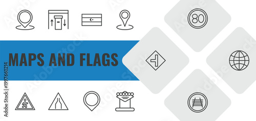 maps and flags outline icon set. linear vector for ui, web and mobile. thin line location mark, inmigration check point, square flag icons.