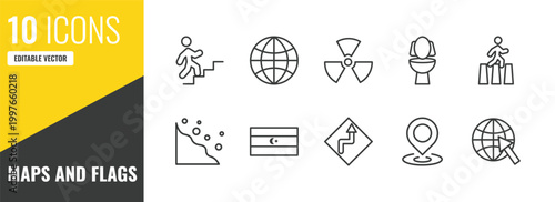 maps and flags outline icon set. 10 linear vector for ui, web and mobile. thin line walking up stair, earth gobe, radiactive icons.
