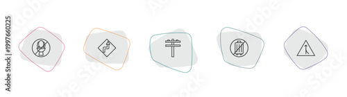 maps and flags outline icon set. linear vector for ui, web and mobile. thin line no toileting, curves ahead, pole icons.