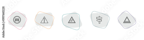 maps and flags outline icon set. linear vector for ui, web and mobile. thin line rail crossing, caution, right reverse curve icons.