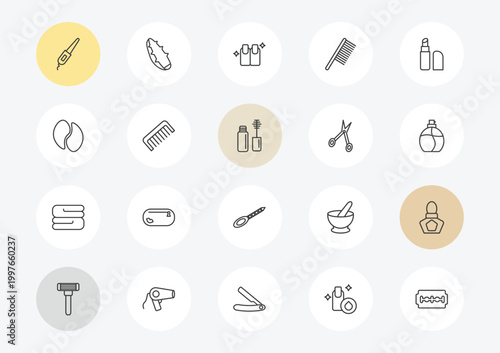 beauty outline icon set. linear vector for ui, web and mobile. thin line curlers, eye patch, folded towel icons.