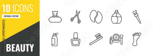 beauty outline icon set. 10 linear vector for ui, web and mobile. thin line wipes, hair scissors, eye patch icons.