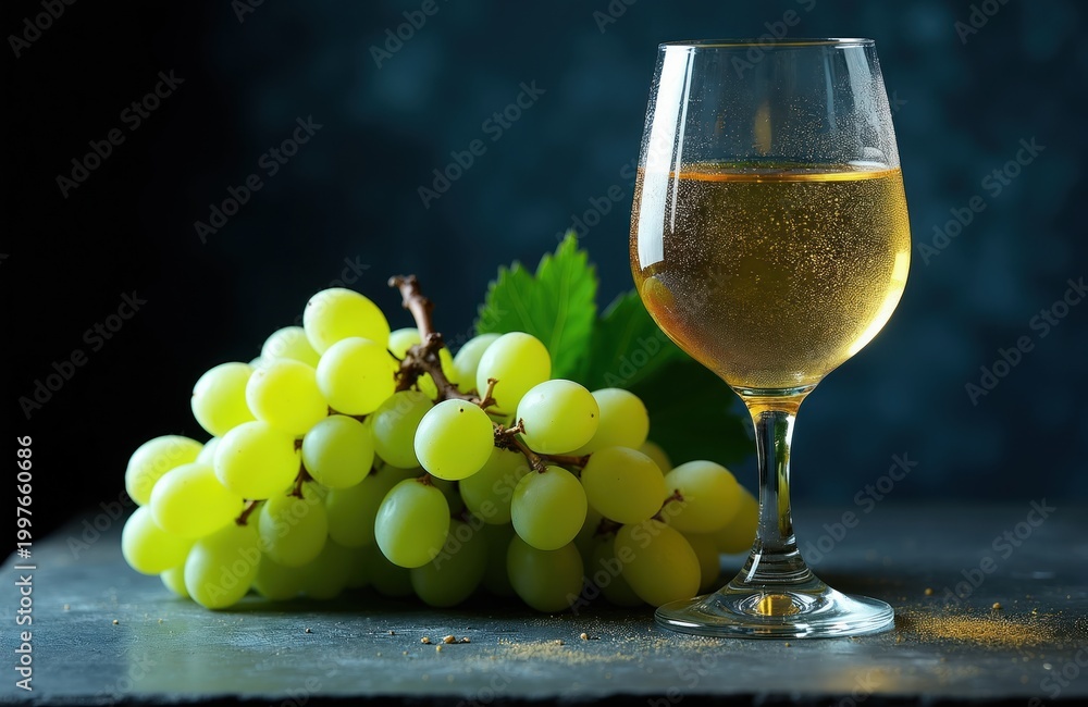 Obraz premium Glass of white wine sits beside ripe green grapes on a dark surface. A still life composition featuring fruit and beverage with subtle lighting and shadows.