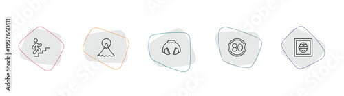 maps and flags outline icon set. linear vector for ui, web and mobile. thin line walking up stair, mount fuji, ear protection icons.