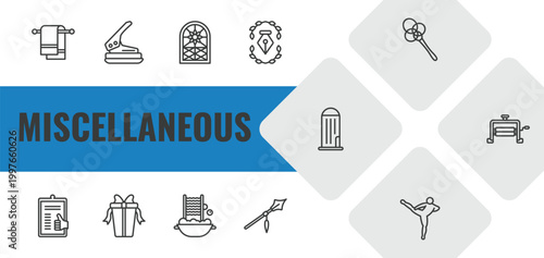 miscellaneous outline icon set. linear vector for ui, web and mobile. thin line towel rack, puncher, stained glass window icons.