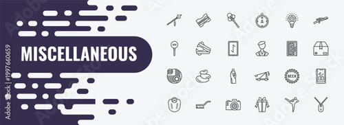 miscellaneous outline icon set. linear vector for ui, web and mobile. thin line sharpen, carpet beater, thinking solutions icons.