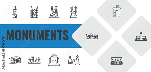 monuments outline icon set. linear vector for ui, web and mobile. thin line the clock tower, chartres cathedral, spain icons.