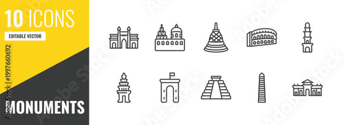 monuments outline icon set. 10 linear vector for ui, web and mobile. thin line gat of india, blue domed churches, borobudur icons.