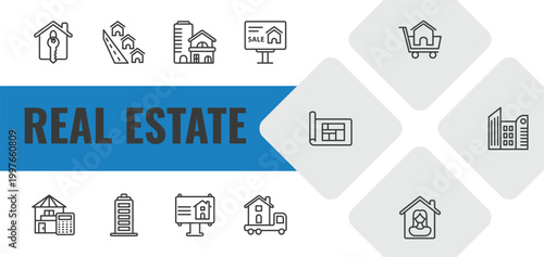 real estate outline icon set. linear vector for ui, web and mobile. thin line house key, neighborhood, property icons.