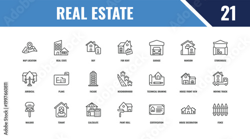 real estate outline icon set. linear vector for ui, web and mobile. thin line real state, storehouse, technical drawing icons.