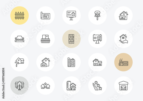 real estate outline icon set. linear vector for ui, web and mobile. thin line fence, bedroom, paint roll icons.