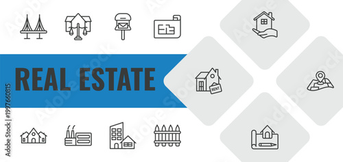 real estate outline icon set. linear vector for ui, web and mobile. thin line bridges, juridical, mailbox icons.
