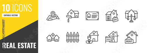 real estate outline icon set. 10 linear vector for ui, web and mobile. thin line map location, paint roll, certification icons.