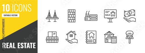 real estate outline icon set. 10 linear vector for ui, web and mobile. thin line bridges, wall, industrial park icons.