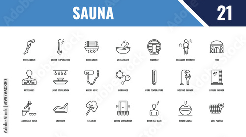sauna outline icon set. linear vector for ui, web and mobile. thin line sauna temperature, yurt, core temperature icons.