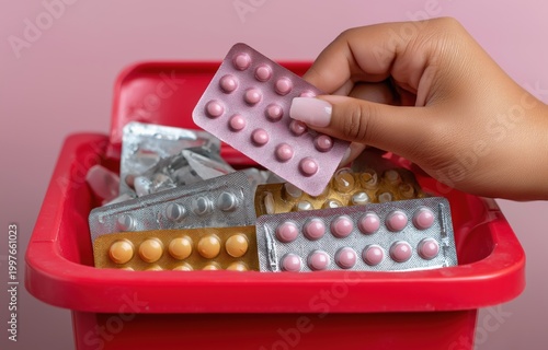 With precise motion, a female hand discards various pink and orange pill blister packs into a vivid red disposal container
