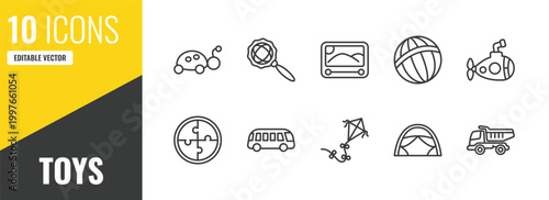 toys outline icon set. 10 linear vector for ui, web and mobile. thin line ladybug toy, rattle toy, etch a sketch toy icons.