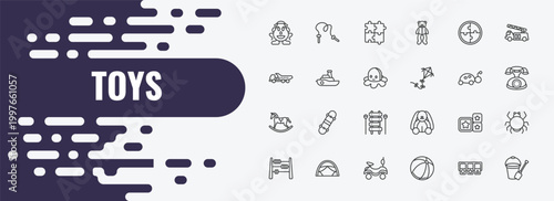 toys outline icon set. linear vector for ui, web and mobile. thin line skipping rope toy, thinking game toy, puzzle toy icons.