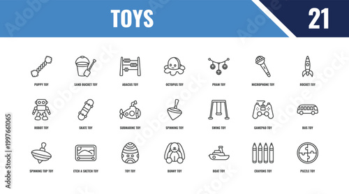 toys outline icon set. linear vector for ui, web and mobile. thin line sand bucket toy, rocket toy, swing toy icons.